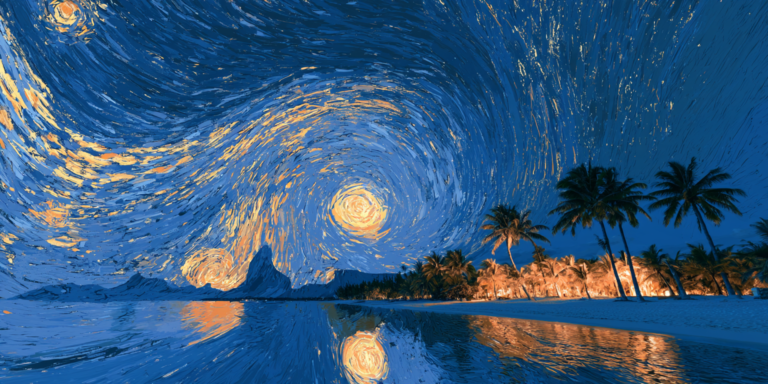 Mauritius lagoon at dusk, painted in swirling brushstrokes